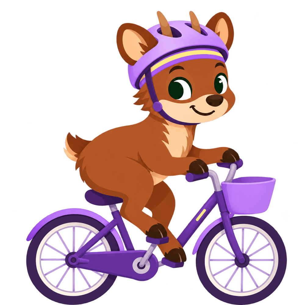 Pudú andando en bicicleta con casco
